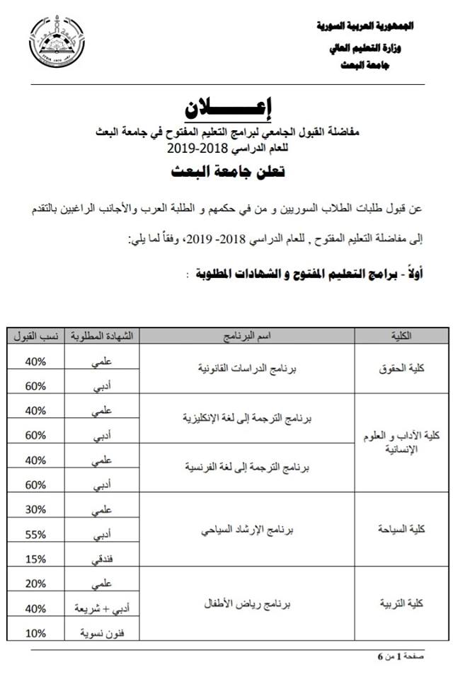 اعلان مفاضلة التعليم المفتوح جامعة البعث 2018