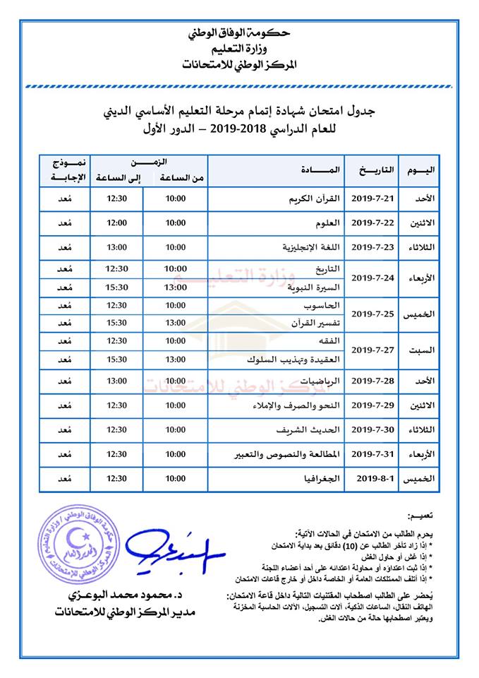 برنامج فحص اساسي ديني  ليبيا 2019 دور 1